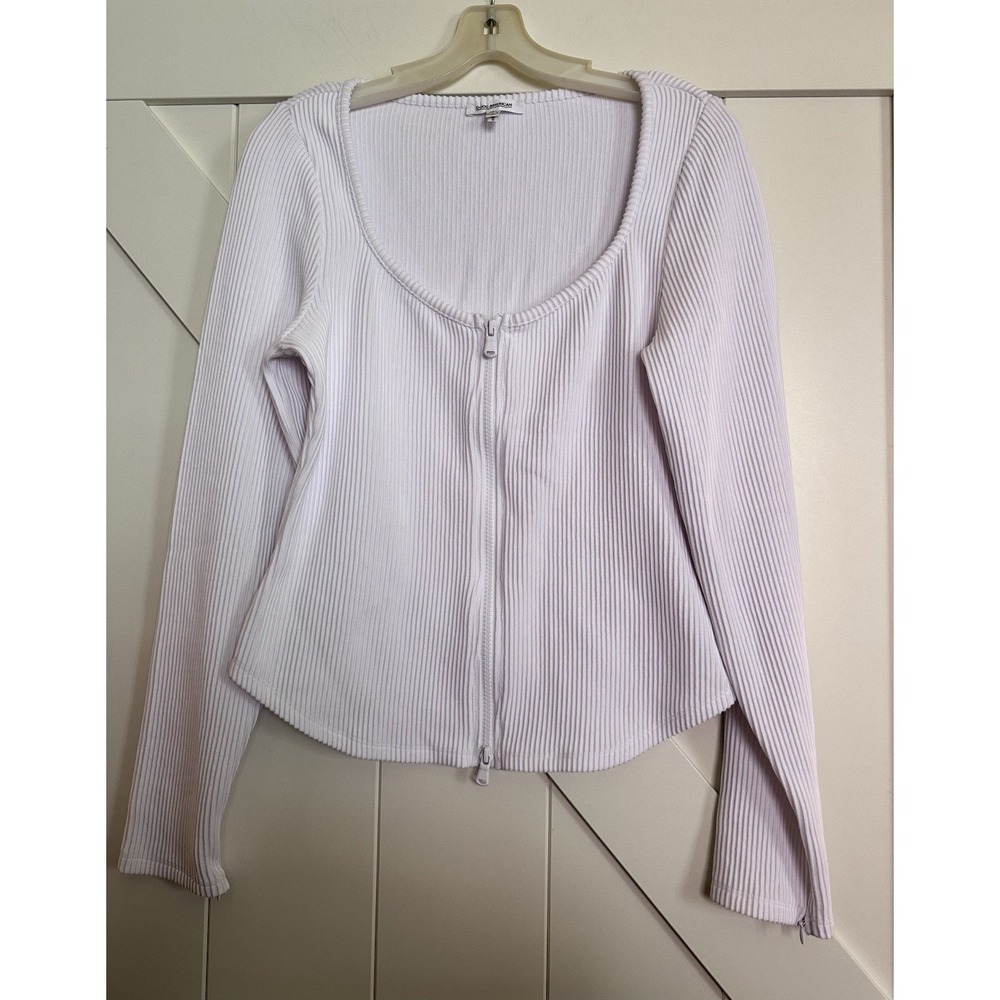 Good‎ American White Ribbed Long Sleeve Full Zip Fitted Top Zip Cuffs Sz 4